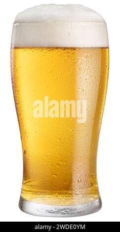 Glass of chilled light beer with beer foam head isolated on white background. Clipping path. Stock Photo