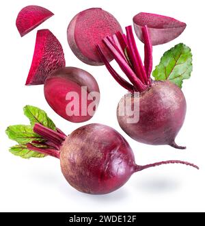 Beetroot and slices of beetroot or taproot levitating in air. File contains clipping paths. Stock Photo