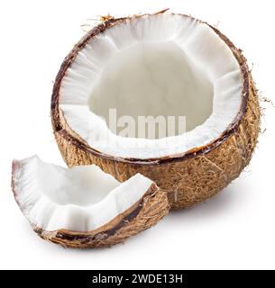 Cracked coconut fruit with piece of coconut on white background. File contains clipping path. Stock Photo