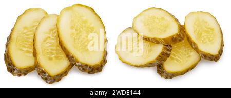 Slices of pickled cucumbers isolated on white background. Stock Photo
