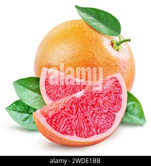 Grapefruit with green leaf and grapefruit slices on white background. Stock Photo