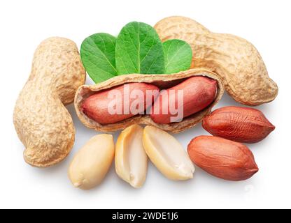 Peanuts whole and cracked isolated on white background. Stock Photo