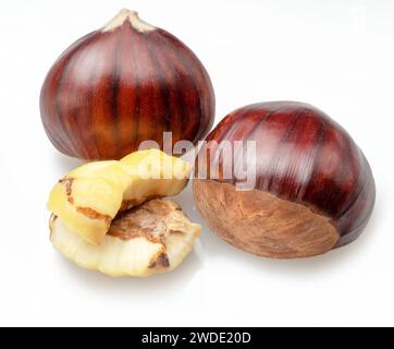 Edible sweet chestnuts with roasted chestnuts isolated on white background. Great food background for your projects. Stock Photo