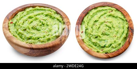 Two guacamole bowls on white background. Top view. File contains clipping path. Stock Photo