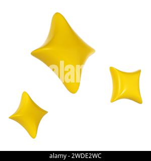 3d winter yellow Christmas stars sparkle. Cute shiny star shaped object element icon. shine symbol isolated on white background illustration Stock Photo