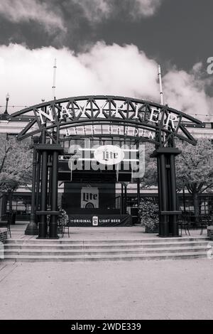 Navy Pier miller lite beer garden gate entrance in black and white Stock Photo