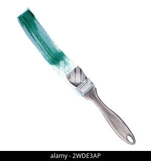 Stylish flat paint brush with emerald green brush stroke. Hand drawn watercolor illustration isolated on white background. Design elements for art Stock Photo