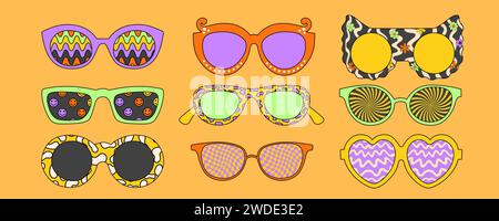 Groovy sunglasses set in trendy retro 1970s style. Vector illustration. Stock Vector