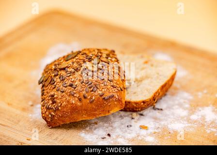 Fresh German grain bread for breakfast with healthy grains from the bakery as a close-up in the studio Stock Photo