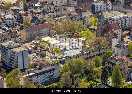 Aerial view, spring fair at the town hall, on the town hall square in front of the tax office, Hattingen, Ruhr area, North Rhine-Westphalia, Germany Stock Photo