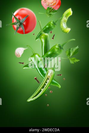 peppers with tomatoes in group flying on air stream on dark green background Stock Photo