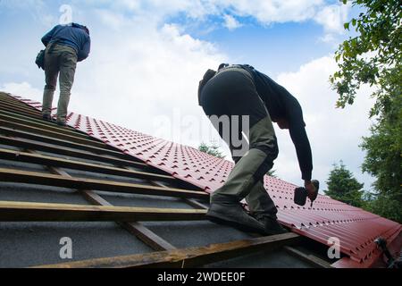 Roofers working on roof structure of building on construction site,Roofer using air or pneumatic nail gun and installing Metal Sheet on top new roof. Stock Photo