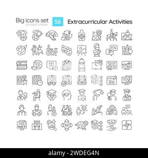 2D black big icons set for extracurricular activities Stock Vector
