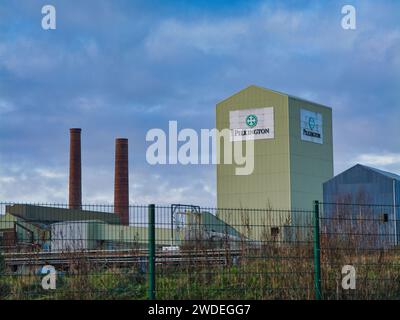 Corporate signage on a building at Pilkington UK Ltd's Watson Street Works in St Helens, UK. Stock Photo