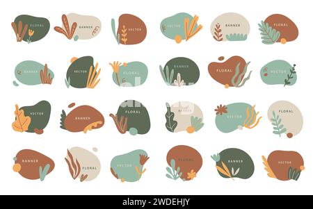 Vector set of organic boho logos, minimal nature forms with leaves. Fluid shapes backgrounds, farm floral templates. Stock Vector