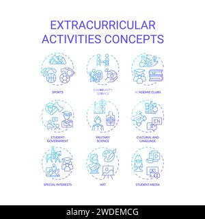 2D gradient icon set representing extracurricular activities Stock Vector