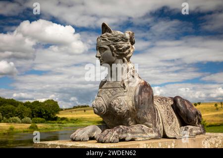 UK, England, Warwickshire, Compton Verney House, sphinx figure decorating Upper Bridge (used by soldiers for WW2 target practice) Stock Photo