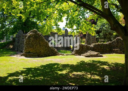 The ruins of Bury St Edmunds Abbey within the Abbey Park at the historic town of Bury St Edmunds, Suffolk, England Stock Photo