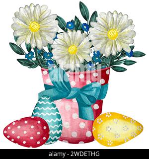 Watercolor pot with cute flowers easter eggs and bow. Hand-drawn watercolor illustration of Easter. Stock Photo