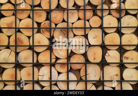 Cut log woods stacks in a metal cage for background and banner Stock Photo
