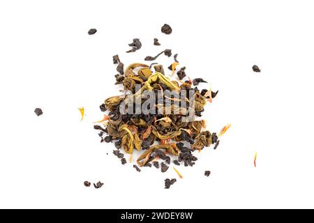 Tea with strawberry flavor and passion fruit on white background. Top view. Stock Photo