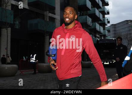 Brentford's Ivan Toney arrives ahead of the Premier League match at the Gtech Community Stadium, London. Ivan Toney will captain Brentford against Nottingham Forest on Saturday when he makes his comeback after an eight-month ban from the Football Association for breaching gambling regulations. Picture date: Saturday January 20, 2024. Stock Photo