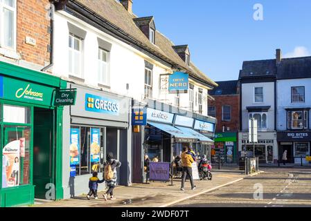 Ripon Market Place North Greggs bakery and Caffe Nero coffee shop with other local Shops in Ripon North Yorkshire England UK GB Europe Stock Photo