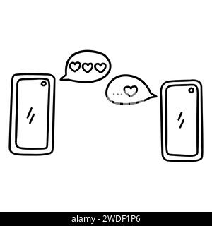Two phones exchange love messages. Declaration of love. Valentines day concept. Black and white vector isolated illustration hand drawn doodle clip ar Stock Vector