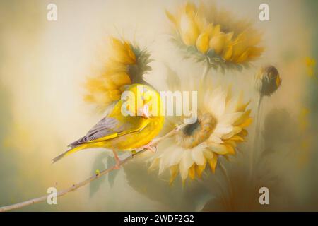 Collage style seamless pattern design. Hand-sketched bird on dahlia flower. Trendy background with botanical. Stock Photo