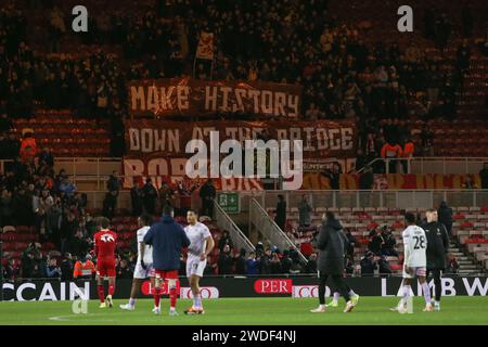 Middlesbrough on Saturday 20th January 2024. Middlesbrough's fans hold up a banner at full time ahead of their carabao cup semi final against Chelsea during the Sky Bet Championship match between Middlesbrough and Rotherham United at the Riverside Stadium, Middlesbrough on Saturday 20th January 2024. (Photo: Michael Driver | MI News) Credit: MI News & Sport /Alamy Live News Stock Photo