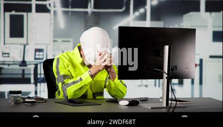 Shocked Engineer In Automated Semiconductor Factory During Ransomware Attack Stock Photo