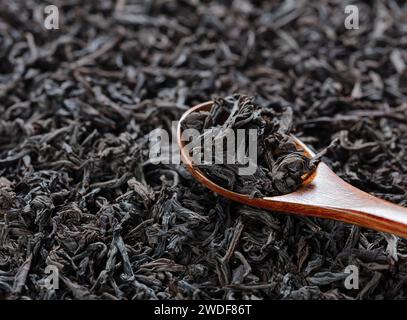 black tea leaves with wooden spoon on a tea background Stock Photo