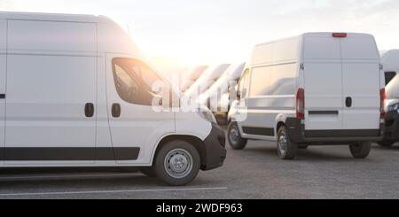 Express delivery, shipping service concept. Delivery vans in a row in the rays of sunset or dawn. 3d illustration Stock Photo
