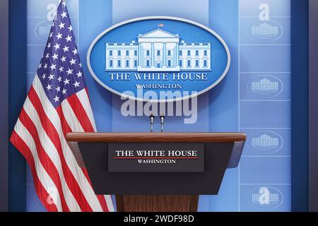 Briefing of president of US United States in White House. Podium speaker tribune with USA flags and sign of White House. Politics, president election Stock Photo