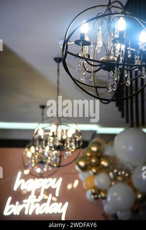 Table setting in a restaurant. Table setting with glasses, cutlery and plates. Restaurant interior. Stock Photo