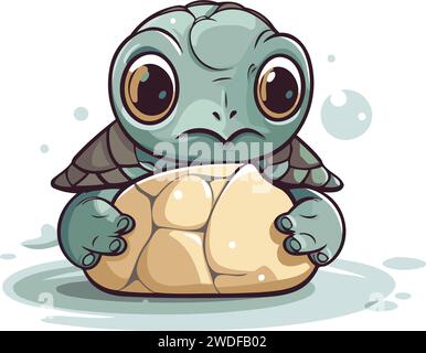 Cute little turtle sitting on a stone. Cartoon vector illustration. Stock Vector