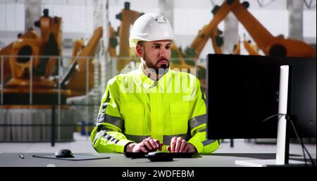 Engineer Using PC In Car Factory Automated Assembly Line Stock Photo
