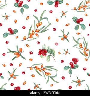 Watercolor seamless pattern of sea buckthorn branches and cowberries. Botanical illustration with orange, red berries, green leaves. For room decor Stock Photo