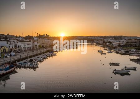 Picturesque Portuguese Tavira town at sunset, Portugal. Stock Photo