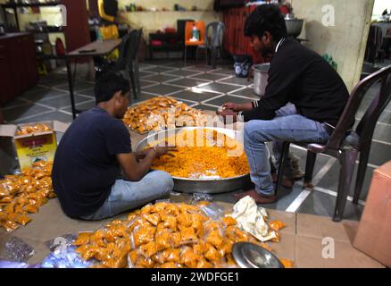 Guwahati Guwahati India 20th Jan 2024 Flags Of Lord Ram Puts In A   Guwahati Guwahati India 20th Jan 2024 Youth Packing Sweet Items Ahead Of The Celebration Of The Inauguration Of The Ayodhya Ram Temple On 22nd January By The Prime Minister Of India Narendra Modi In Guwahati India On Saturday 20th January 2024 Credit Image Dasarath Dekazuma Press Wire Editorial Usage Only! Not For Commercial Usage! 2wdfge1 