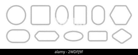 Vector rope frames. Borders of different geometric shapes are round, oval and square. Collection of isolated elements on a white background. Stock Vector