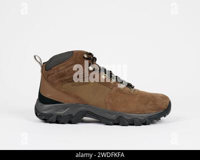 Copenhagen Denmark - Nov 9, 2023: Columbia Newton Ridge Plus 2 Suede hiking boots product photo on a white background. Illustrative editorial photo. Stock Photo