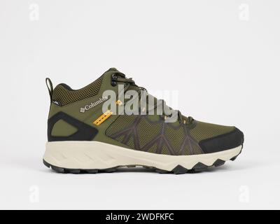 Copenhagen, Denmark - Nov 9 2023: Columbia Peakfreak Mid hiking boots product photo isolated on a white background. Illustrative editorial photo. Stock Photo