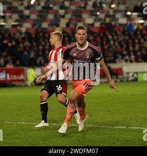 London, UK. 20th Jan, 2024. Chris Wood of Nottingham Forest scores to make it 2-2 and celebrates during the Premier League match between Brentford and Nottingham Forest at Gtech Community Stadium, London, England on 20 January 2024. Photo by Ken Sparks. Editorial use only, license required for commercial use. No use in betting, games or a single club/league/player publications. Credit: UK Sports Pics Ltd/Alamy Live News Stock Photo