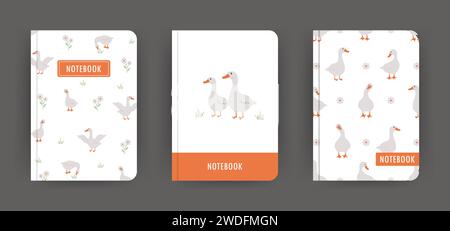 Cover page notebook collection. Templates with cute farm gooses. Perfect for diary, books, magazines, journals, catalogs, planners and flyers. Vector Stock Vector