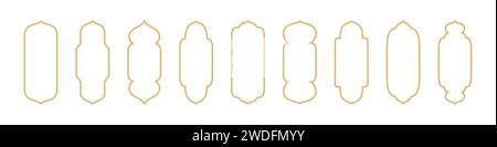 Golden Islamic frame shapes for the month of Ramadan. Borders with Arabic designs. Collection of isolated vector elements on white background. Stock Vector