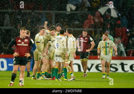 Northampton Saints' players celebrate after the Investec Champions Cup match at Thomond Park, Limerick. Picture date: Saturday January 20, 2024. Stock Photo