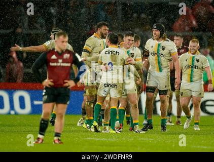 Northampton Saints' players celebrate after the Investec Champions Cup match at Thomond Park, Limerick. Picture date: Saturday January 20, 2024. Stock Photo