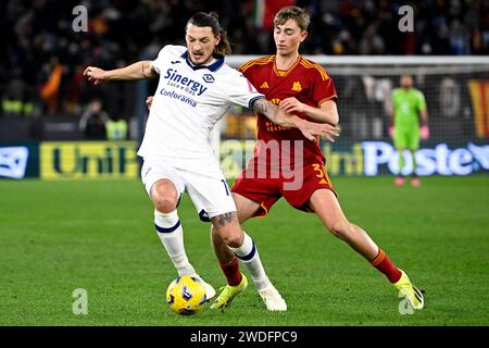 Rome, Italy. 20th Jan, 2024. Milan Đuric of Hellas Verona and Dean Huijsen of AS Roma compete for the ball during the Serie A football match between AS Roma and Hellas Verona at Olimpico stadium in Rome (Italy), January 20th, 2024. Credit: Insidefoto di andrea staccioli/Alamy Live News Stock Photo