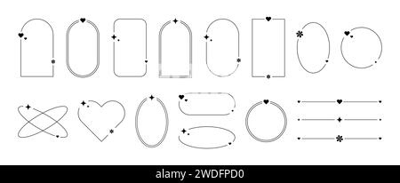 Aesthetic frames with y2k elements and aura. Borders with decorations with hearts, flowers and sparkles. Collection of vector isolated illustrations on a white background. Stock Vector